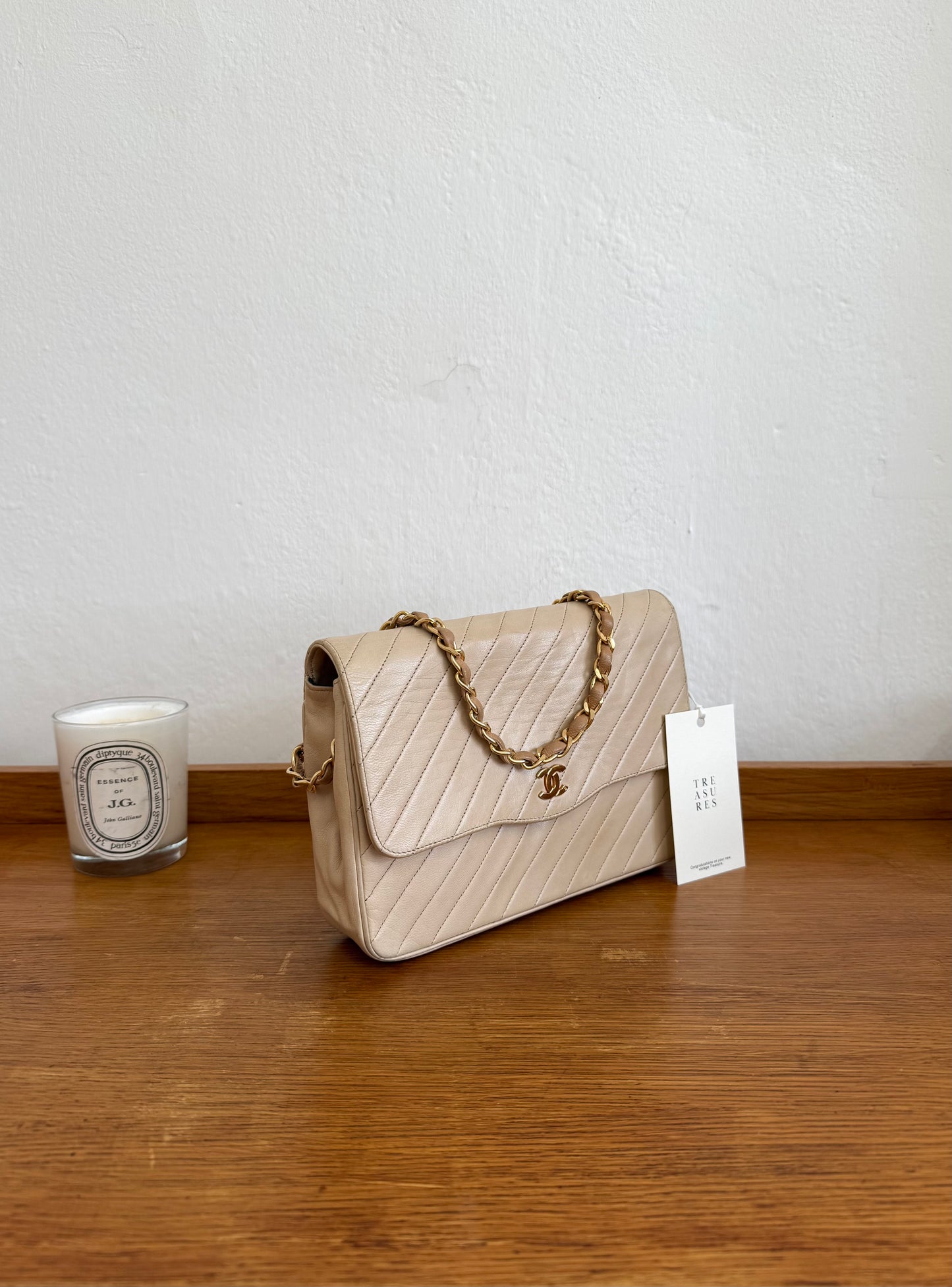 CHANEL SINGLE FLAP DIAGONAL STITCH BEIGE 24k GOLD