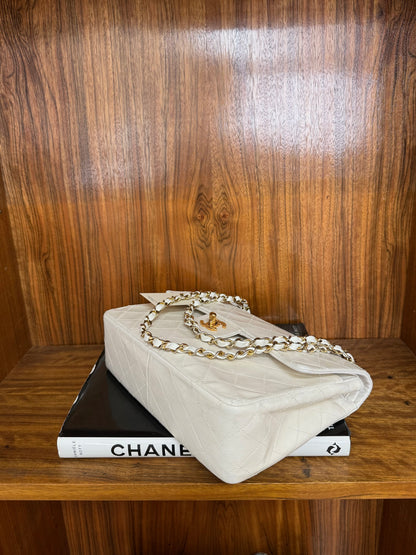CHANEL CLASSIC DOUBLE FLAP BAG WHITE MEDIUM TALL 24K GOLD