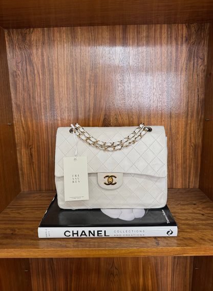 CHANEL CLASSIC DOUBLE FLAP BAG WHITE MEDIUM TALL 24K GOLD