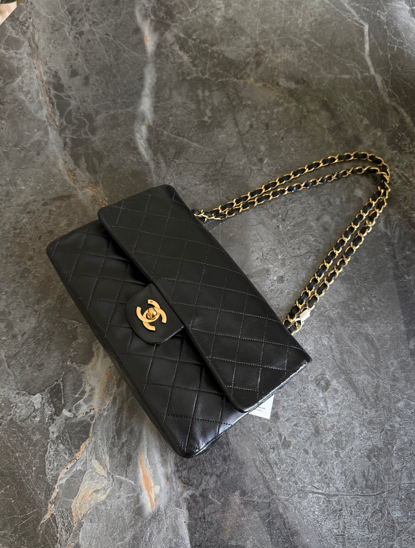 CHANEL CLASSIC DOUBLE FLAP BAG MEDIUM BLACK 24K GOLD HW