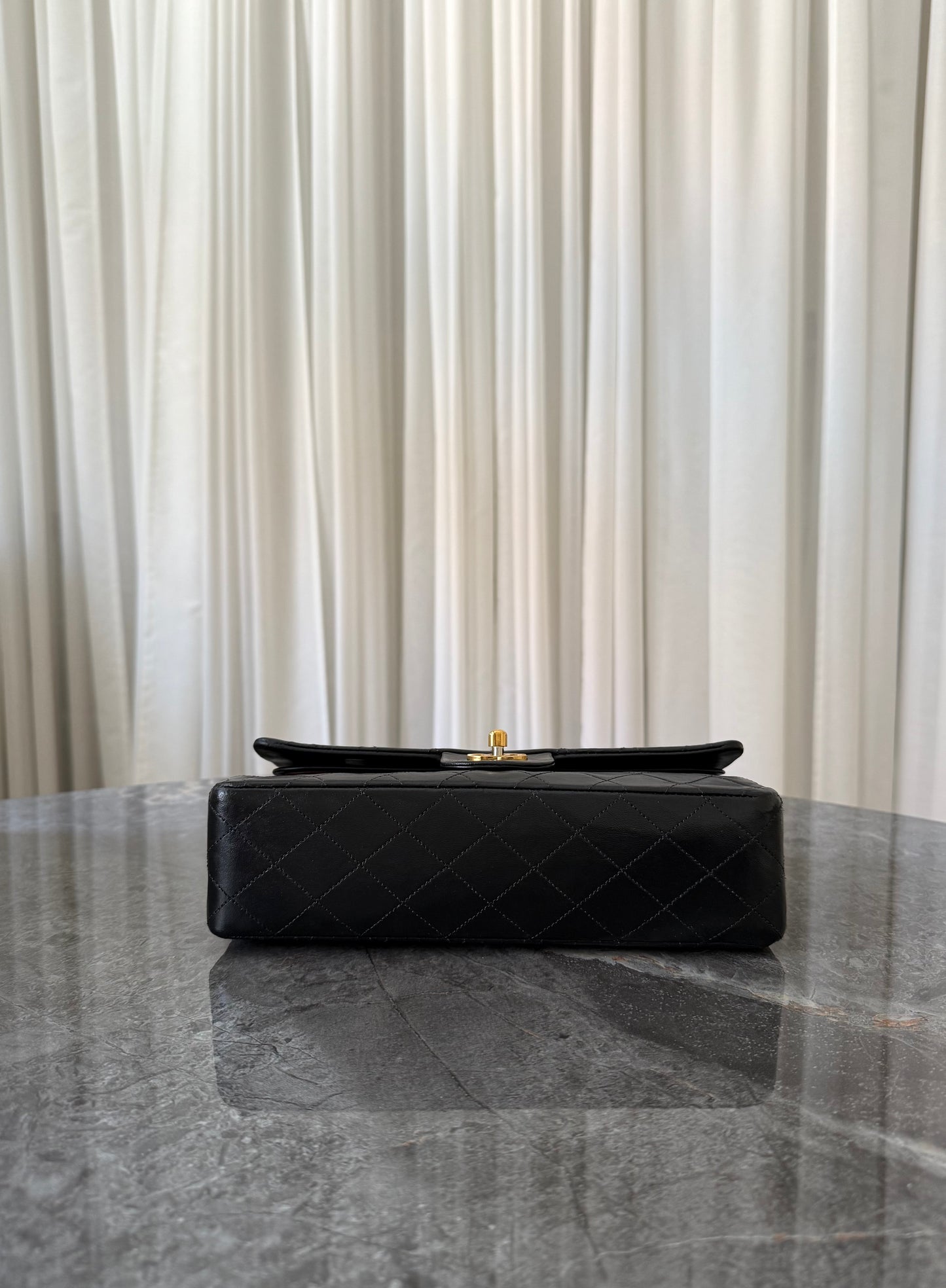 CHANEL CLASSIC DOUBLE FLAP BAG MEDIUM BLACK 24K GOLD HW