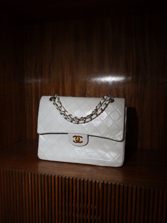 CHANEL CLASSIC DOUBLE FLAP BAG WHITE MEDIUM TALL 24K GOLD