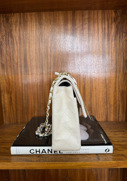 CHANEL CLASSIC DOUBLE FLAP BAG WHITE MEDIUM TALL 24K GOLD