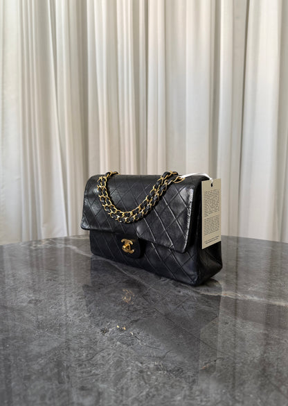 CHANEL CLASSIC DOUBLE FLAP BAG MEDIUM BLACK 24K GOLD HW