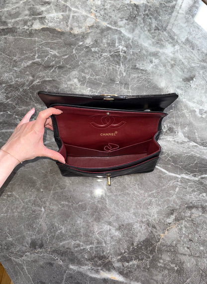 CHANEL CLASSIC DOUBLE FLAP BAG MEDIUM BLACK 24K GOLD HW