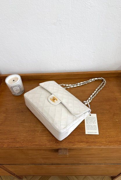 CHANEL CLASSIC DOUBLE FLAP BAG WHITE MEDIUM TALL 24K GOLD