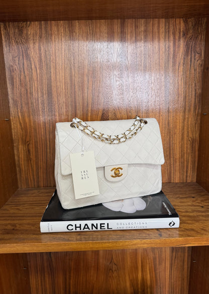 CHANEL CLASSIC DOUBLE FLAP BAG WHITE MEDIUM TALL 24K GOLD
