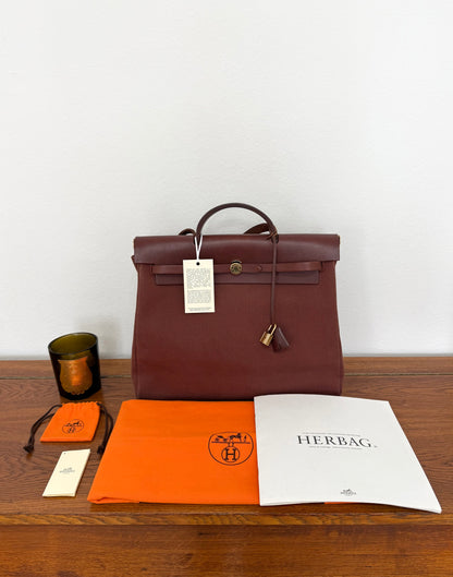 HERMÈS HERBAG HANDBAG BURGUNDY CANVAS & LEATHER