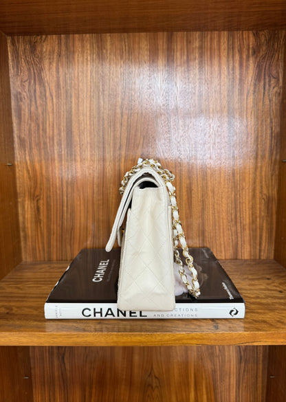 CHANEL CLASSIC DOUBLE FLAP BAG WHITE MEDIUM TALL 24K GOLD