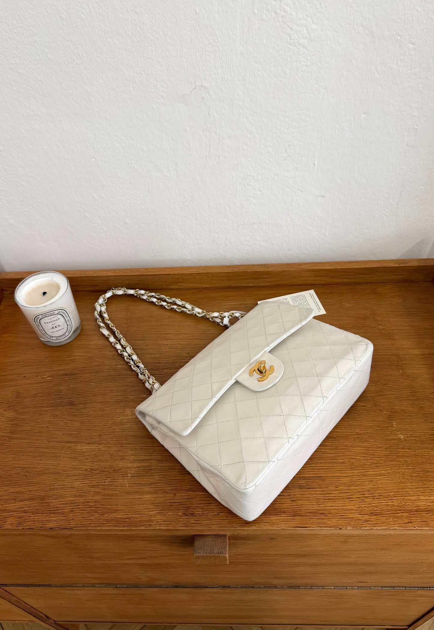 CHANEL CLASSIC DOUBLE FLAP BAG WHITE MEDIUM TALL 24K GOLD