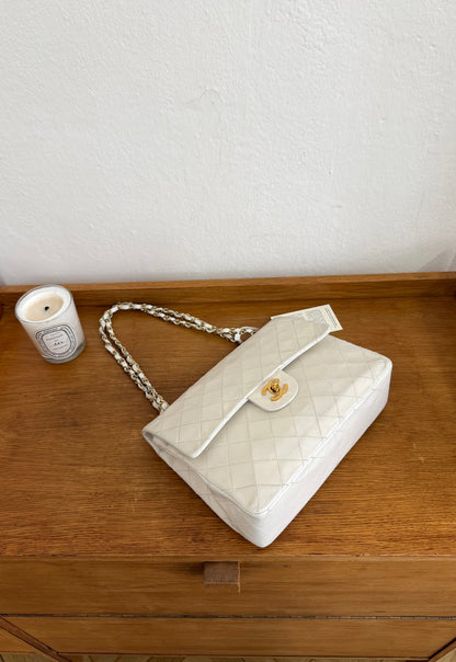 CHANEL CLASSIC DOUBLE FLAP BAG WHITE MEDIUM TALL 24K GOLD