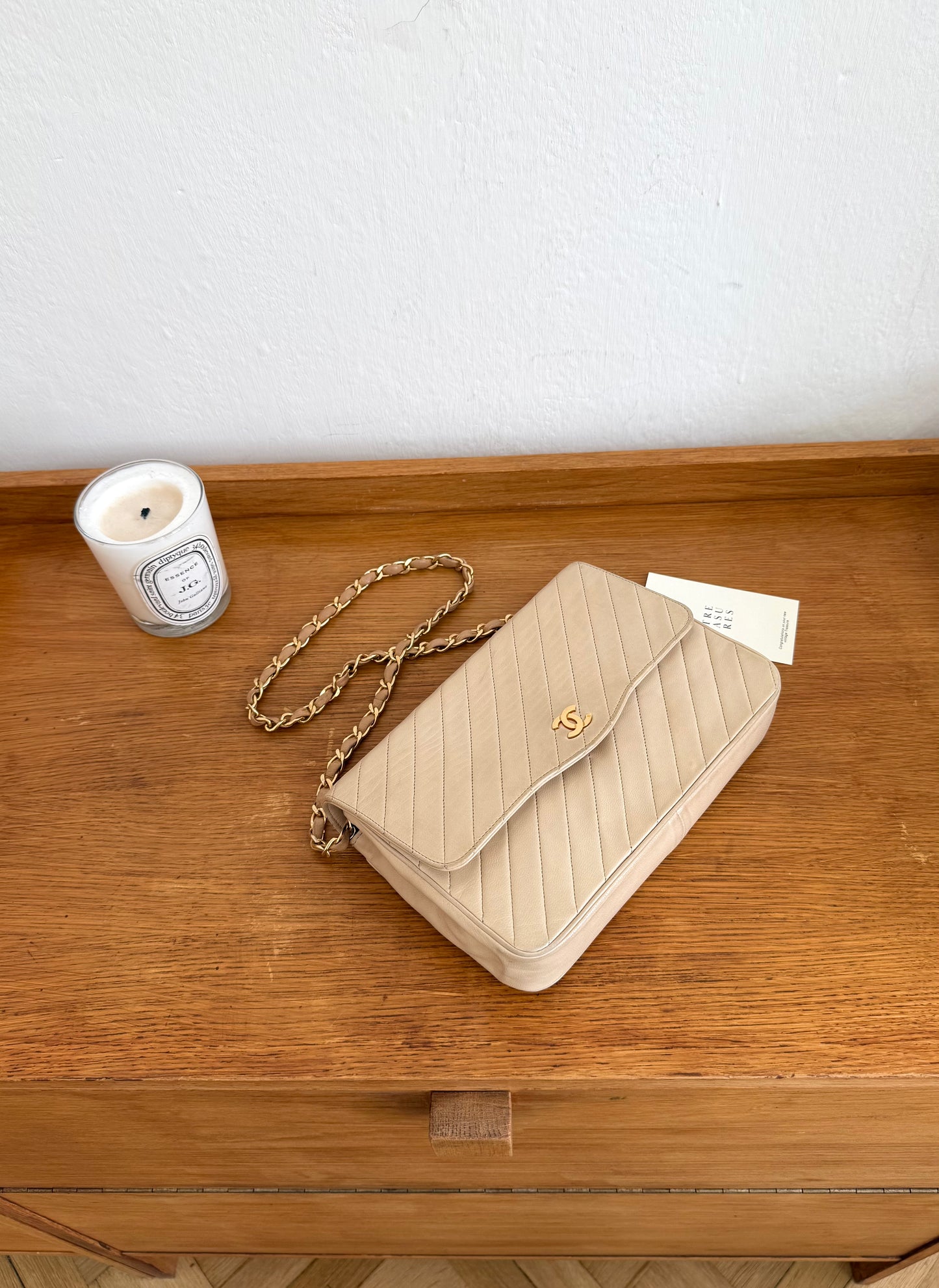 CHANEL SINGLE FLAP DIAGONAL STITCH BEIGE 24k GOLD