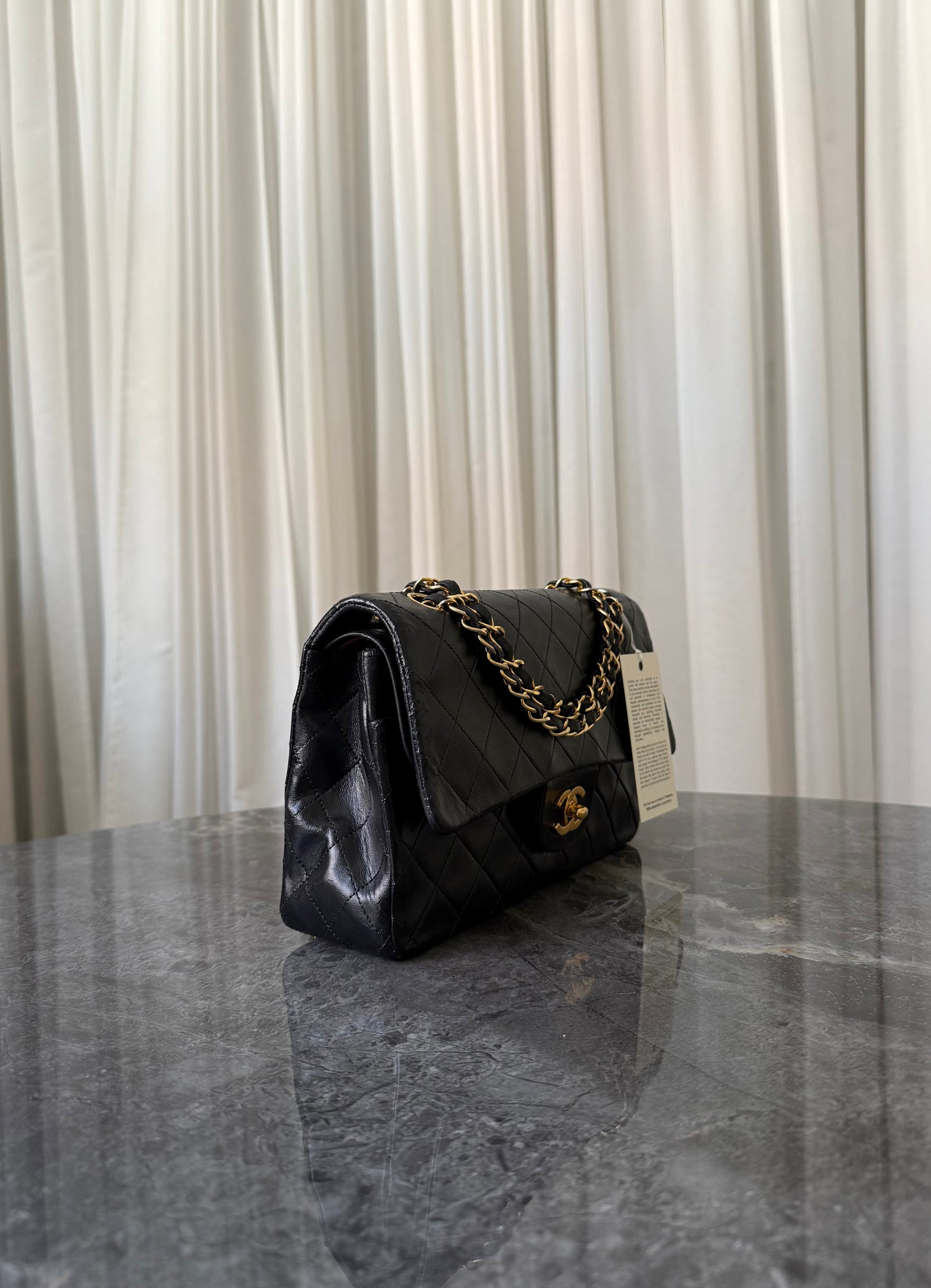 CHANEL CLASSIC DOUBLE FLAP BAG MEDIUM BLACK 24K GOLD HW