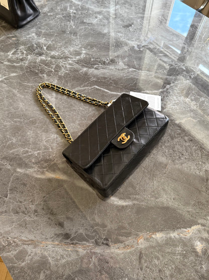 CHANEL CLASSIC DOUBLE FLAP BAG MEDIUM BLACK 24K GOLD HW
