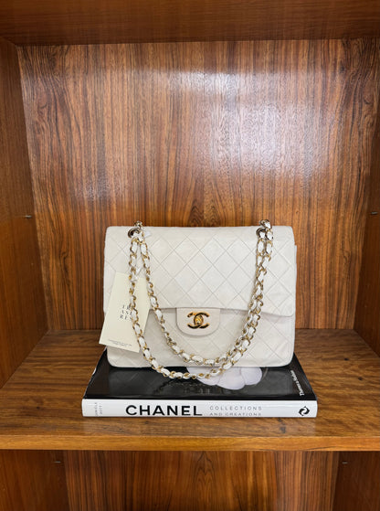 CHANEL CLASSIC DOUBLE FLAP BAG WHITE MEDIUM TALL 24K GOLD