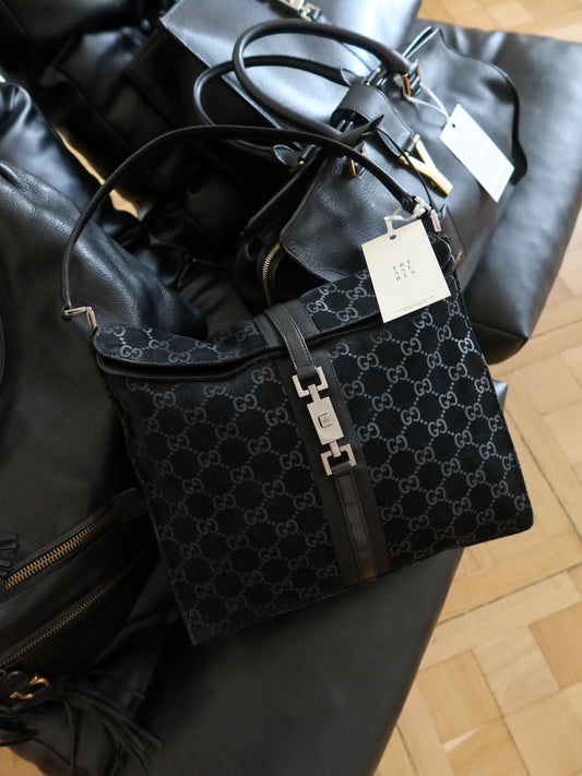 GUCCI JACKIE GG MONOGRAM SUEDE SHOULDER BAG BLACK TOM FORD