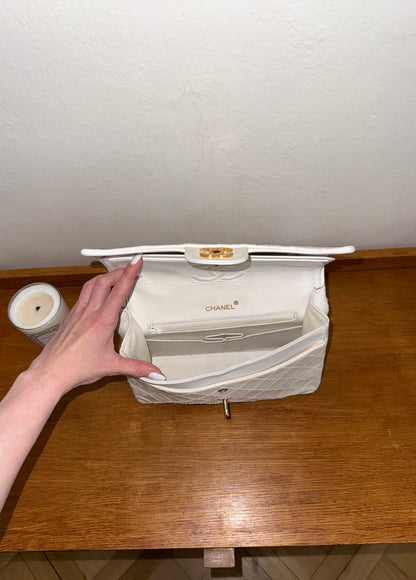 CHANEL CLASSIC DOUBLE FLAP BAG WHITE MEDIUM TALL 24K GOLD