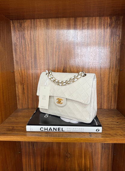 CHANEL CLASSIC DOUBLE FLAP BAG WHITE MEDIUM TALL 24K GOLD