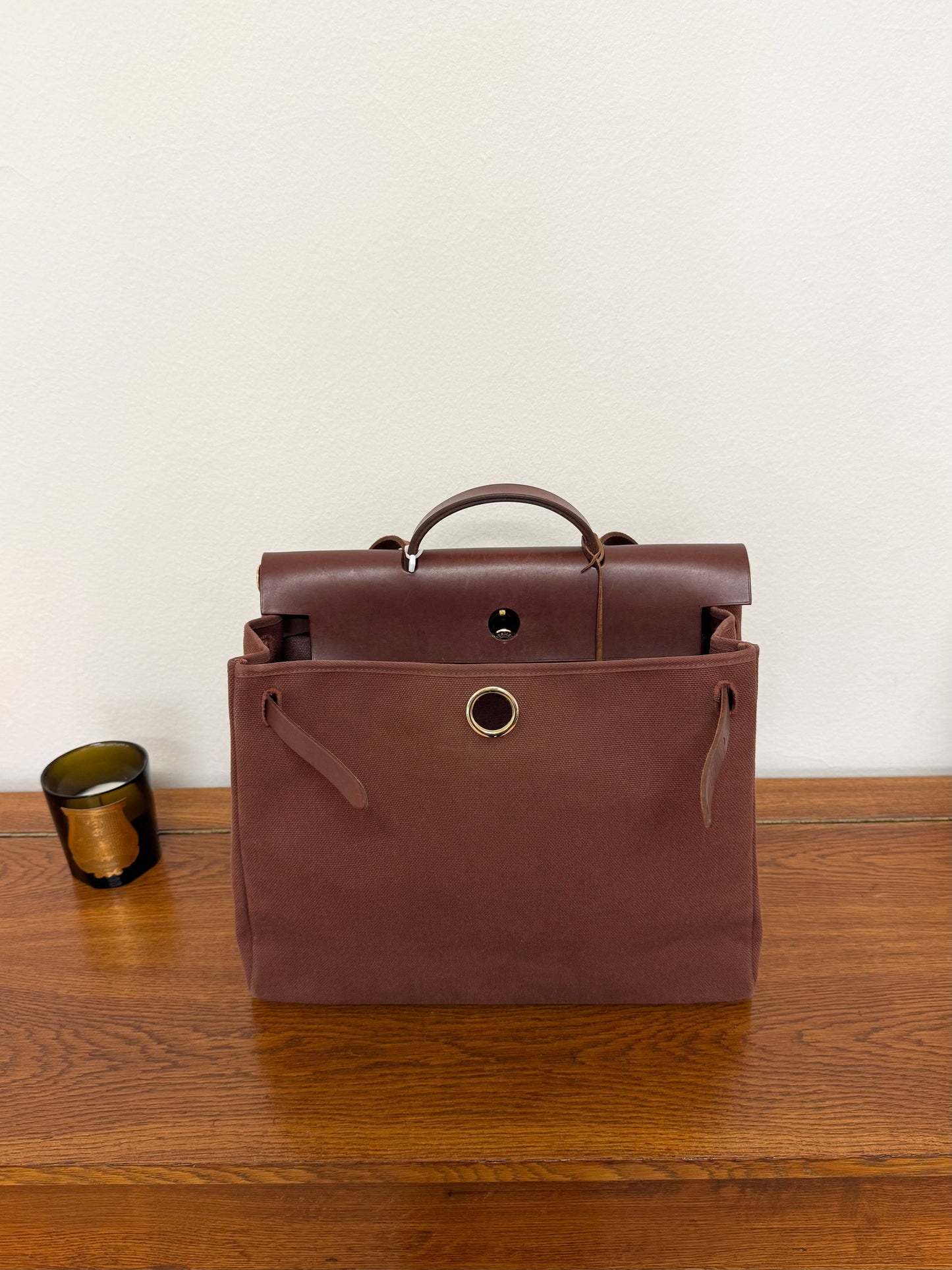 HERMÈS HERBAG HANDBAG BURGUNDY CANVAS & LEATHER